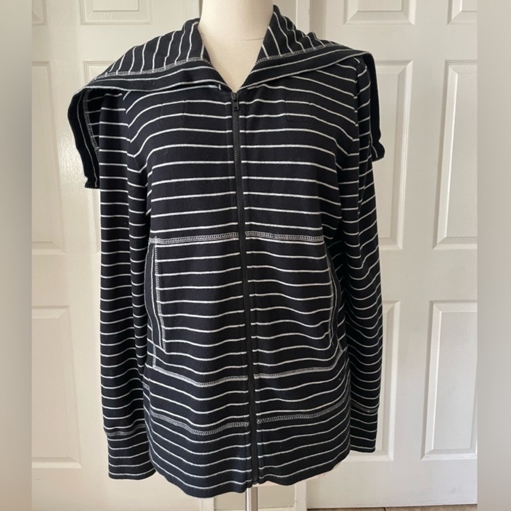Norma Kamali Black White Striped Zip Up Hoodie Jacket, hood/collar Athleisure